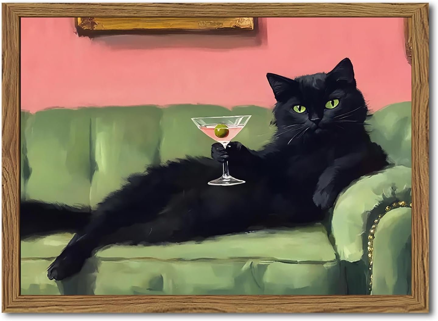 Funny Black Cat Martini Wall Art, Bar Cart Decor, Eclectic Cocktail Painting Canvas Print, Cute Animal Artwork Picture for Bedroom Living Room Kitchen 12×16 inch Wood Framed