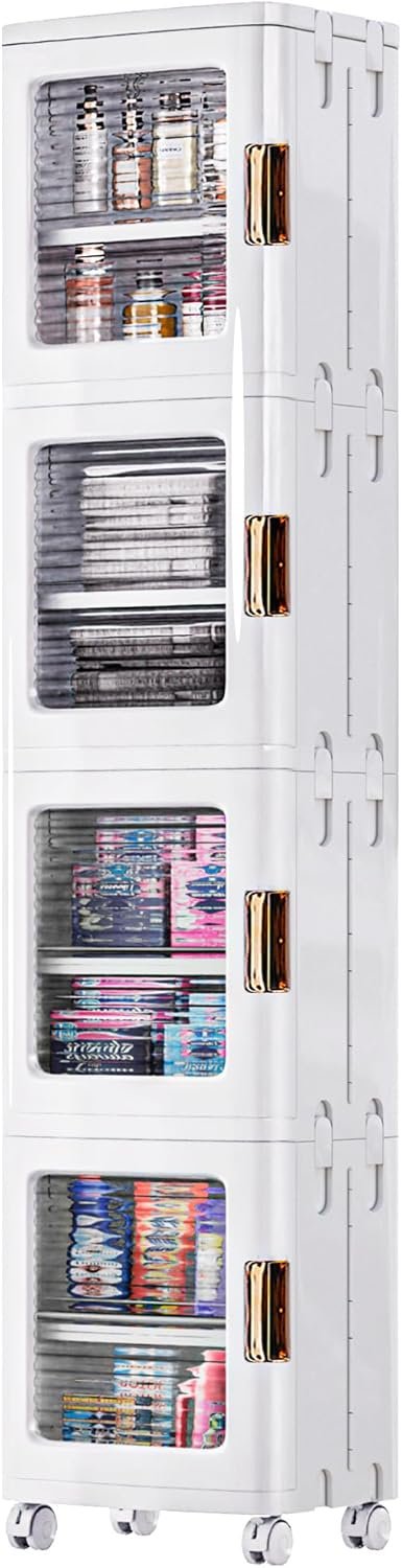 VECELO 4-Tier Tall Narrow Storage Cabinet with Movable Wheels, Adjustable Shelves, Anti-Tip, Slim, for Small Space, Bathroom, Kitchen, Laundry, White