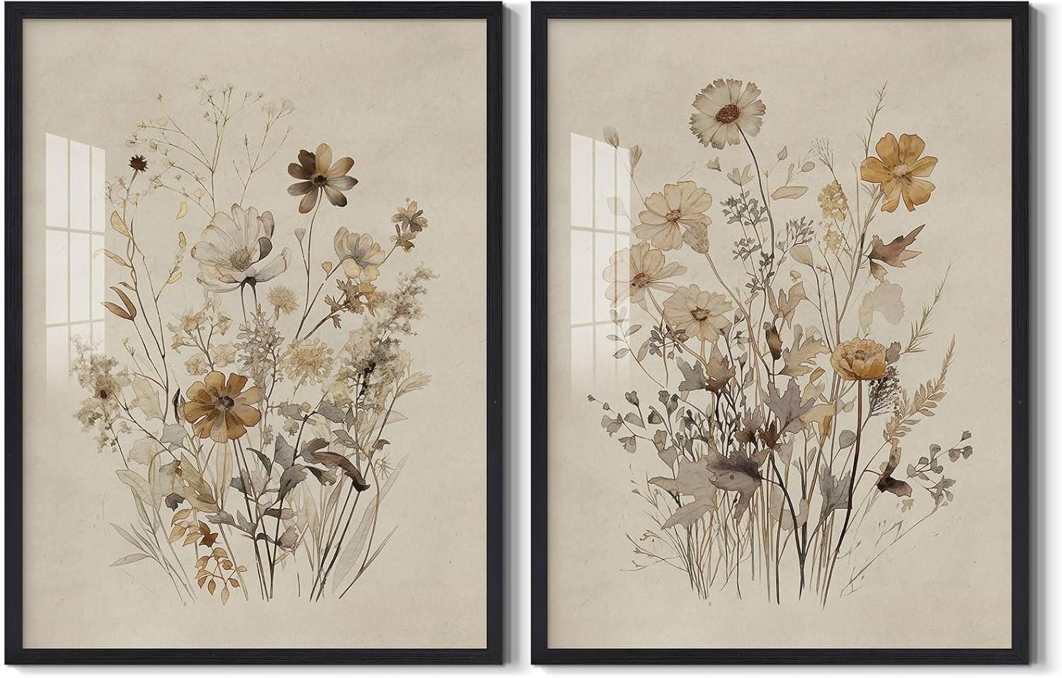 Vintage Wildflower Canvas Wall Art Watercolor Floral Botanical Art Prints Neutral Flowers Picture Minimalist Bouquet Wall Decor Framed for Girls Room Bedroom Farmhouse Office Decoration, 12″x16″x2Pcs