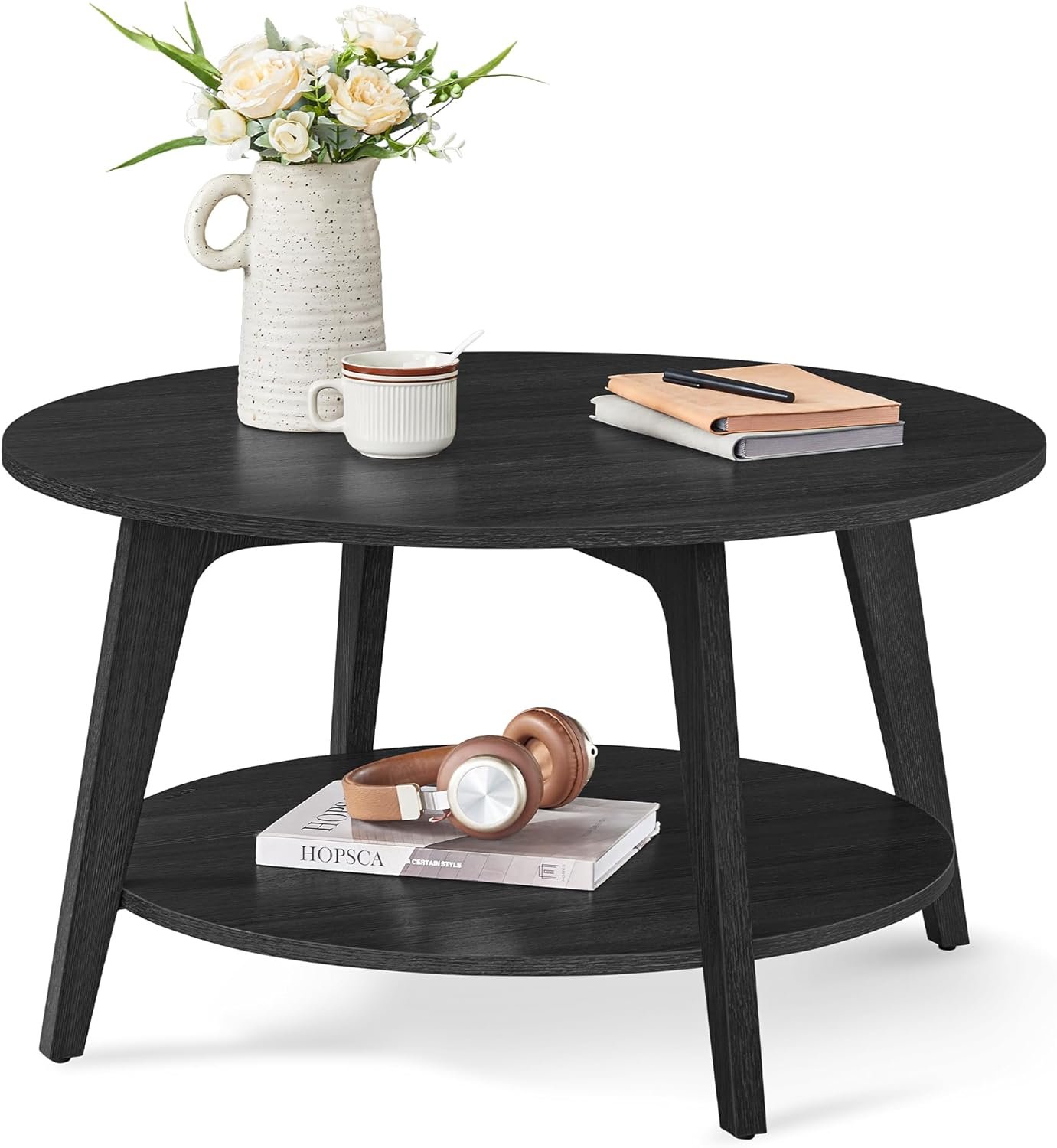 VASAGLE MAEZO Collection – Round Coffee Table, 2-Tier Center Table with Storage, Tapered Legs, Curved Transitions, 31.5 Dia. x 17.7 H Inches, Easy Assembly, for Living Room, Charcoal Gray ULCT243B22
