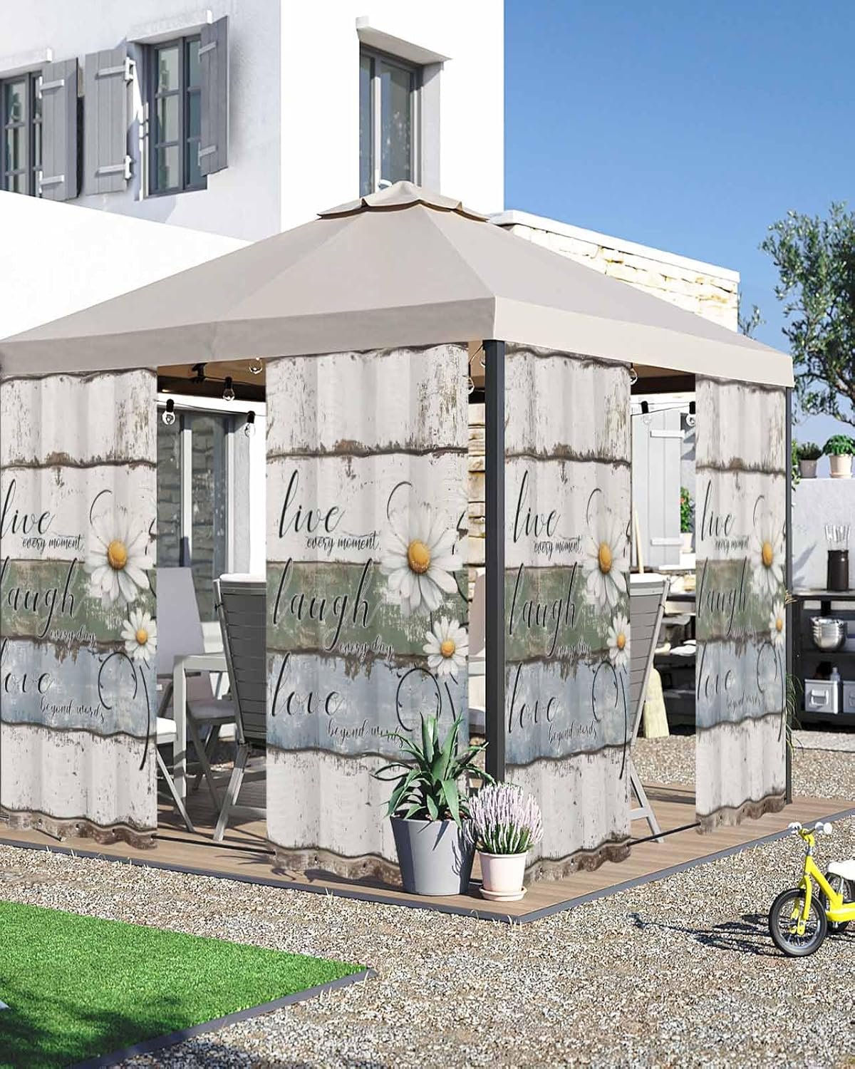 Outdoor Curtains for Patio Waterproof, White Green Blue Windproof Sun Blocking Curtain, Vintage Wooden Rustic White Daisy Floral Outdoor Privacy Drapes for Porch Garden Gazebo, 54″ x 95″ 2 Panels