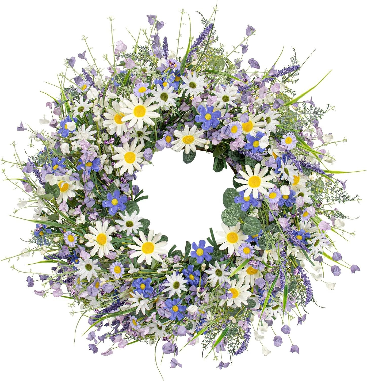 22 Inches Spring Wreaths for Front Door Blue Spring Door Wreath Summer Floral Wreath with Wildflower Lanvender for Wall Porch Indoors Outdoor Window Home Decorations