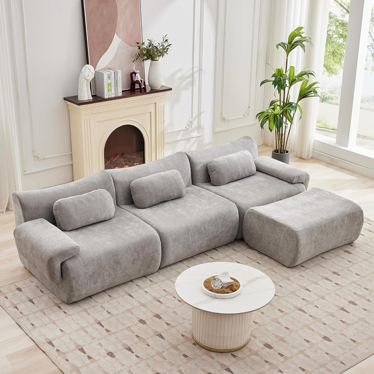 117”L Shaped Modern Sofa Modular Sectional Cloud Couch with Ottoman,Oversized Boneless Sofa,3+1 Seater Chenille Deep-Seat Sofa with 3 Pillows,Suitable for Living Room or Bedroom (Grey)