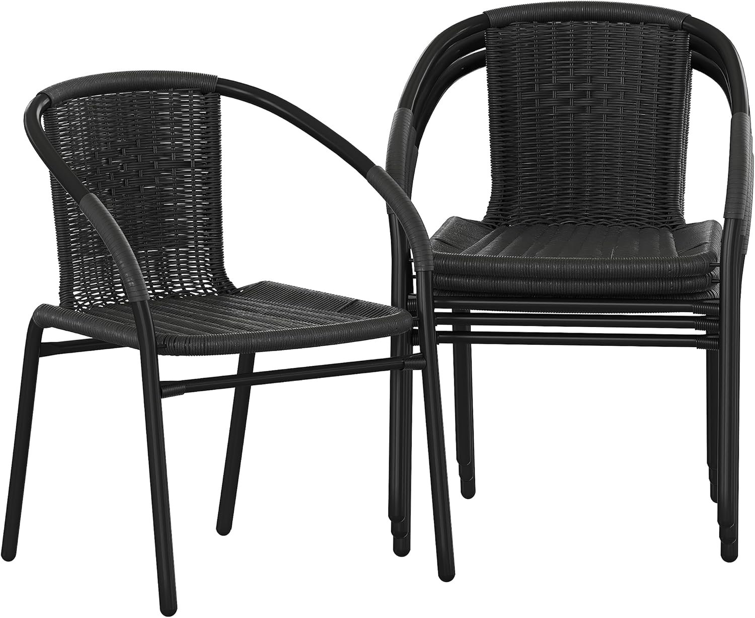 Flash Furniture Lila Modern Rattan Indoor/Outdoor Stackable Dining Chairs, Stacking Rattan Bistro Chairs for Patio or Restaurant, Set of 4, Black