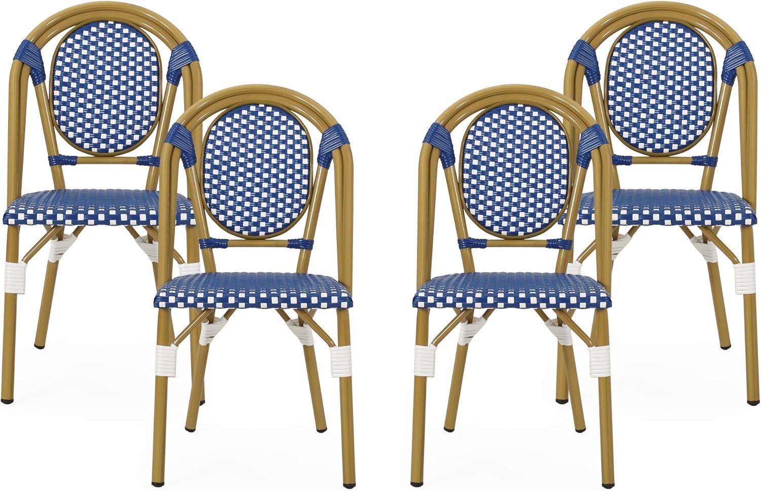 Christopher Knight Home Gwendolyn Outdoor French Bistro Chairs (Set of 4), Blue + White + Bamboo Print Finish