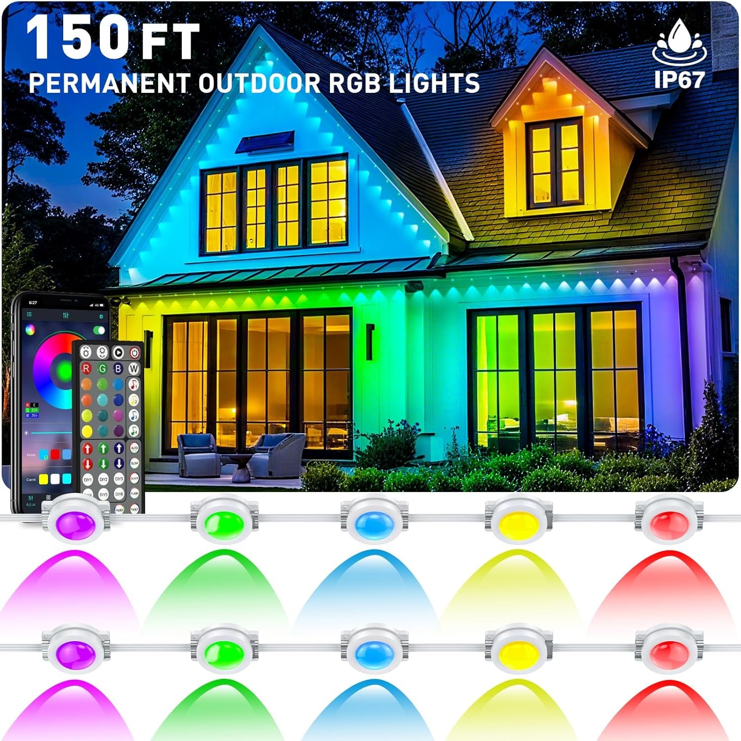 150FT Permanent Outdoor RGB Lights – Waterproof Smart LED Eaves Lights with App/Remote Control, Music Sync & DIY Scenes, Perfect for Christmas, Halloween, Parties & Daily Decor, Ideal for House Roof