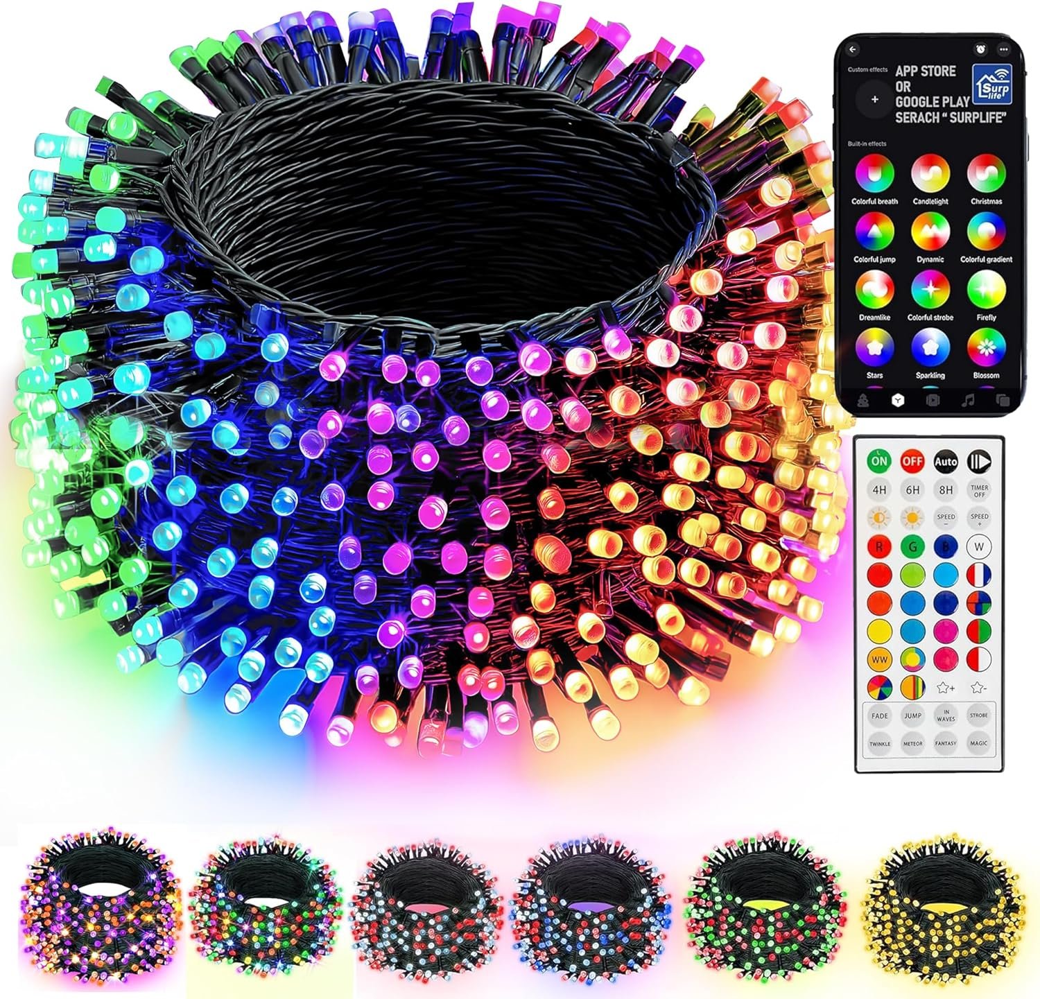 Dazzle Bright Smart Christmas String Lights, 98FT 300 LED RGB Color Changing String Lights with Remote & App Controlled, Halloween Decorations for Indoor Outdoor Holiday Xmas Tree Party Decor