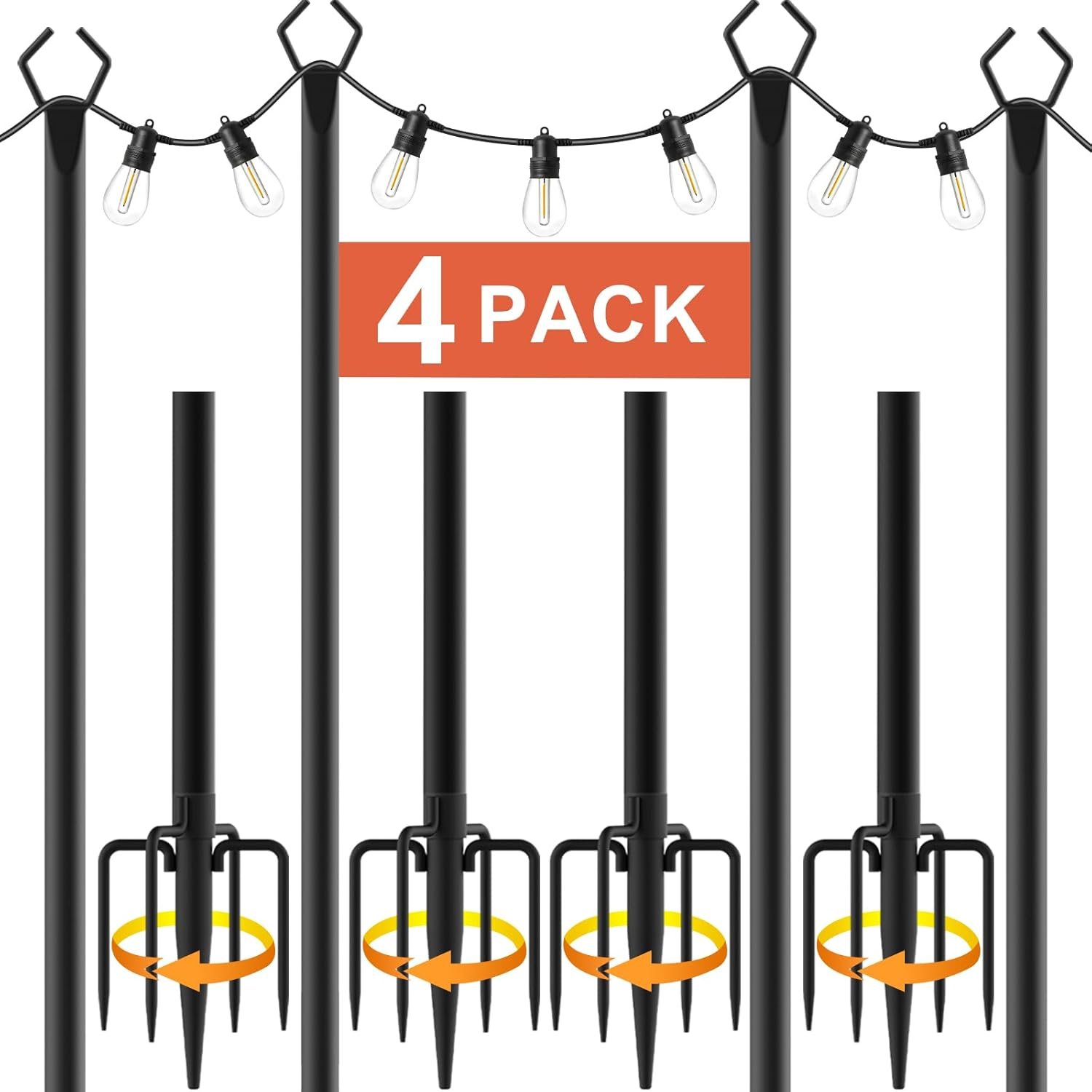 10Ft String Light Poles 4 Pack,Light Poles for Outside Lights,Outdoor with Fence Brackets Hanging Lights,Metal Stand Deck Patio Backyard