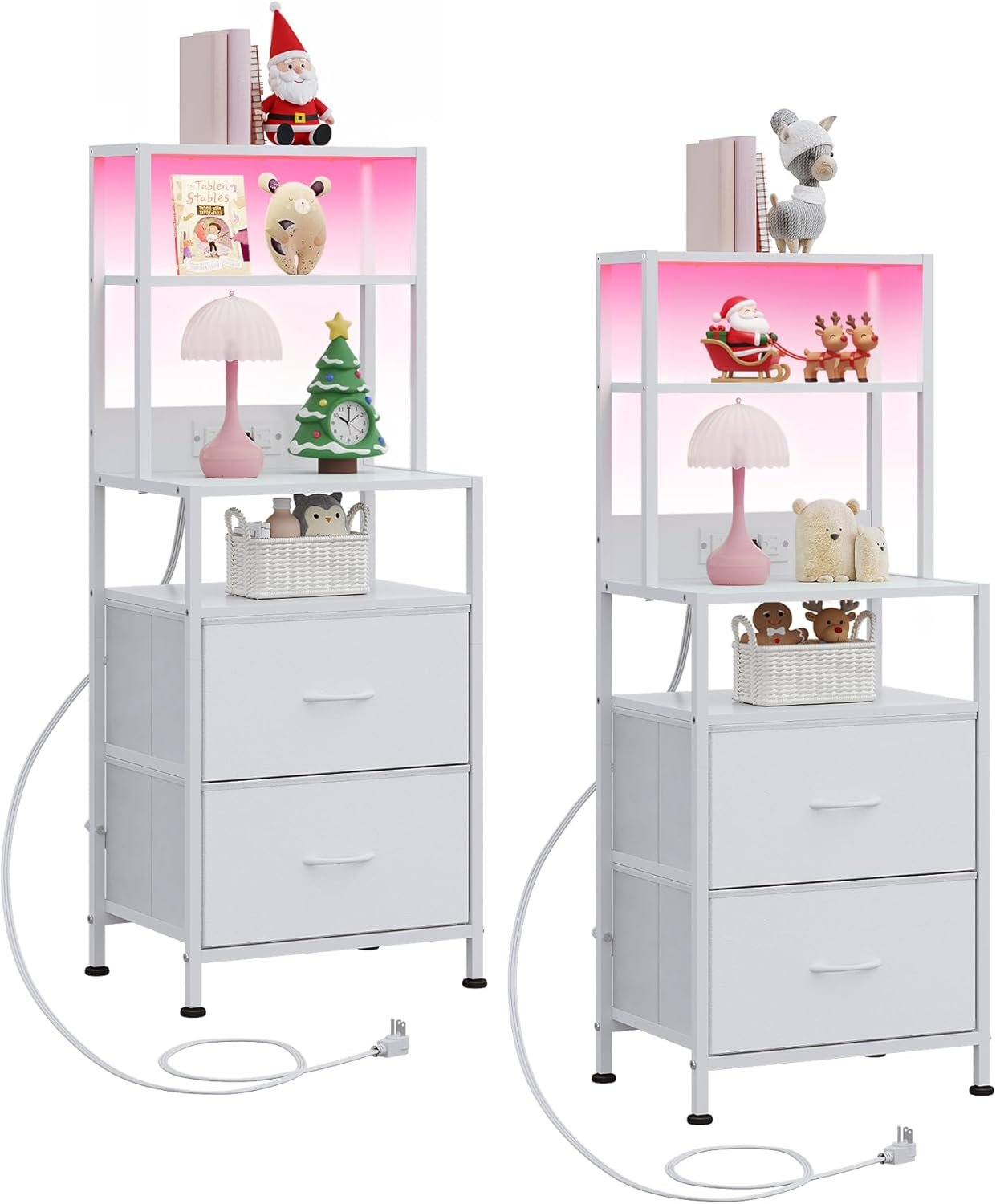 WLIVE Nightstand Set of 2 with Charging Station, LED Night Stands with 2 Fabric Drawers and 4 Storage Open Shelves, Bedside Table Sets for Bedroom, White