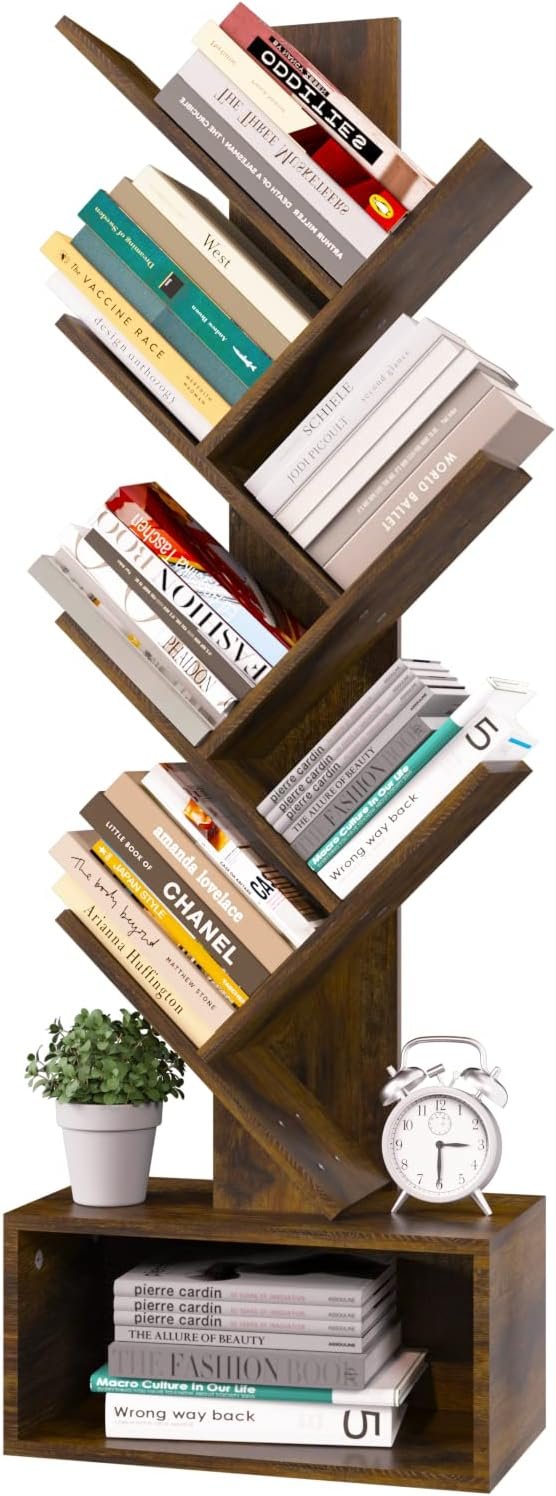 Yoobure Tree Bookshelf – 6 Shelf Retro Floor Standing Bookcase, Tall Wood Book Storage Rack for CDs/Movies/Books, Utility Book Organizer Shelves for Bedroom, Living Room, Home Office, Rustic Brown