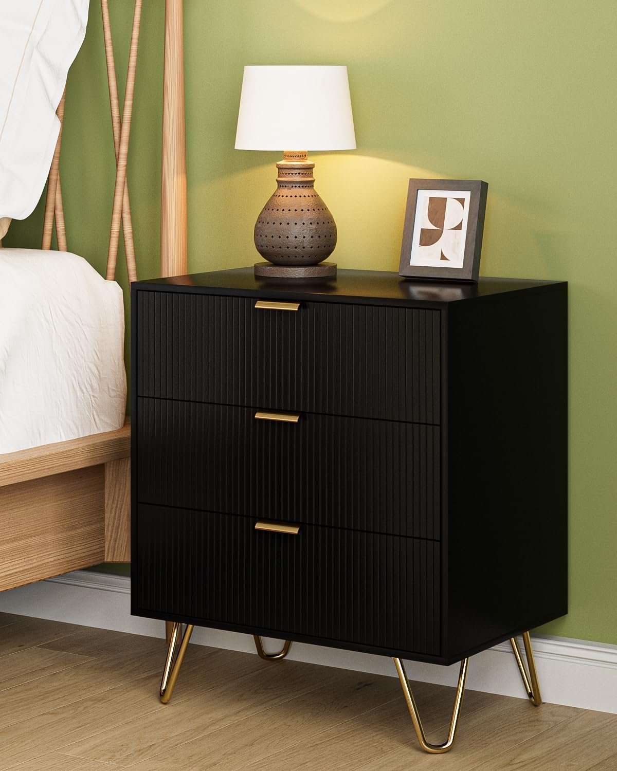 3 Drawer Dresser for Bedroom, Fluted Modern Closet Dressers Chest of Drawers, Small Storage Dresser Chest Cabinet Organizer Unit (Black Stripe)