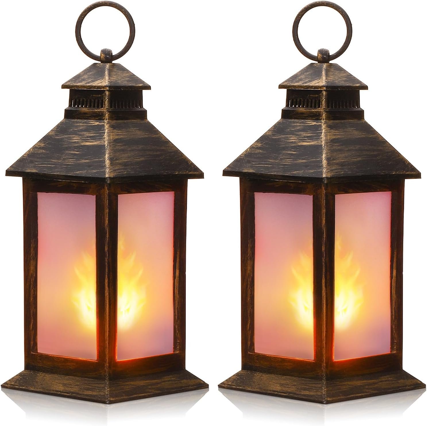 Tondiamo 2 Pcs 8.4” Vintage Lanterns LED Indoor Lanterns Decorative Small Lamp Flame Effect Retro Battery Operated Candles for Ramadan Decoration Outdoor Hanging Patio Garden Yard Porch Decor(Bronze)