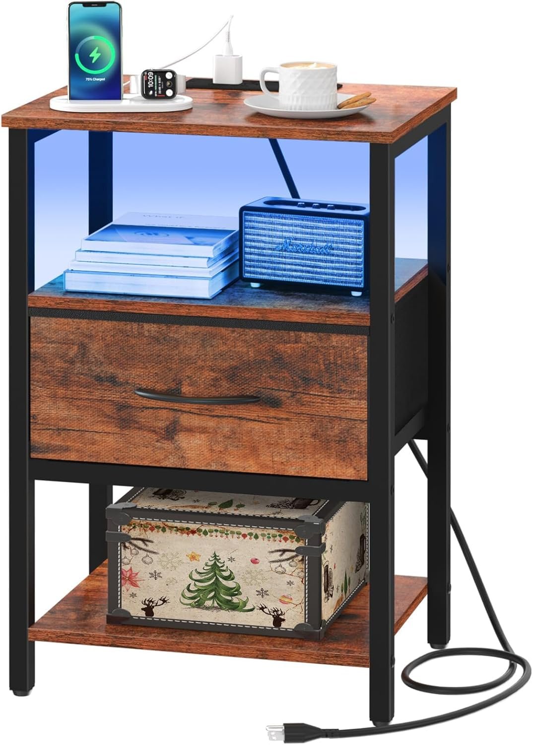 Yoobure End Table with Storage, LED Nightstand with Charging Station, Side Tables Living Room, 3-Tier Wood Bedside Table with Adjustable Fabric Drawer, Night Stand for Bedroom, Brown