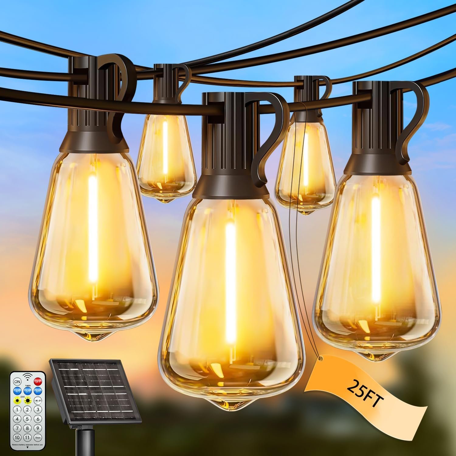 Solar String Lights Outdoor Waterproof with Remote & Timer, LED Shatterproof ST38 Bulbs, USB & Solar Powered Patio Lights for Backyard, Porch, Garden, Wedding, Christmas Decor (25FT)