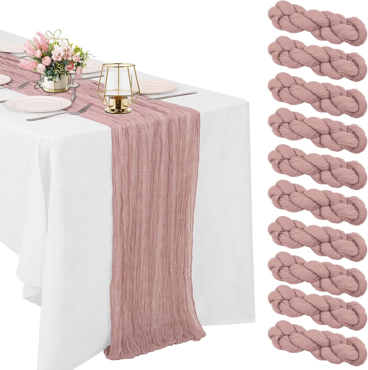 10 Pack Dusty Pink Cheesecloth Table Runner 10FT Boho Gauze Fabric Table Runner Vintage Rustic Sheer Runners for Wedding Party Bridal Baby Shower Long Table Decorations