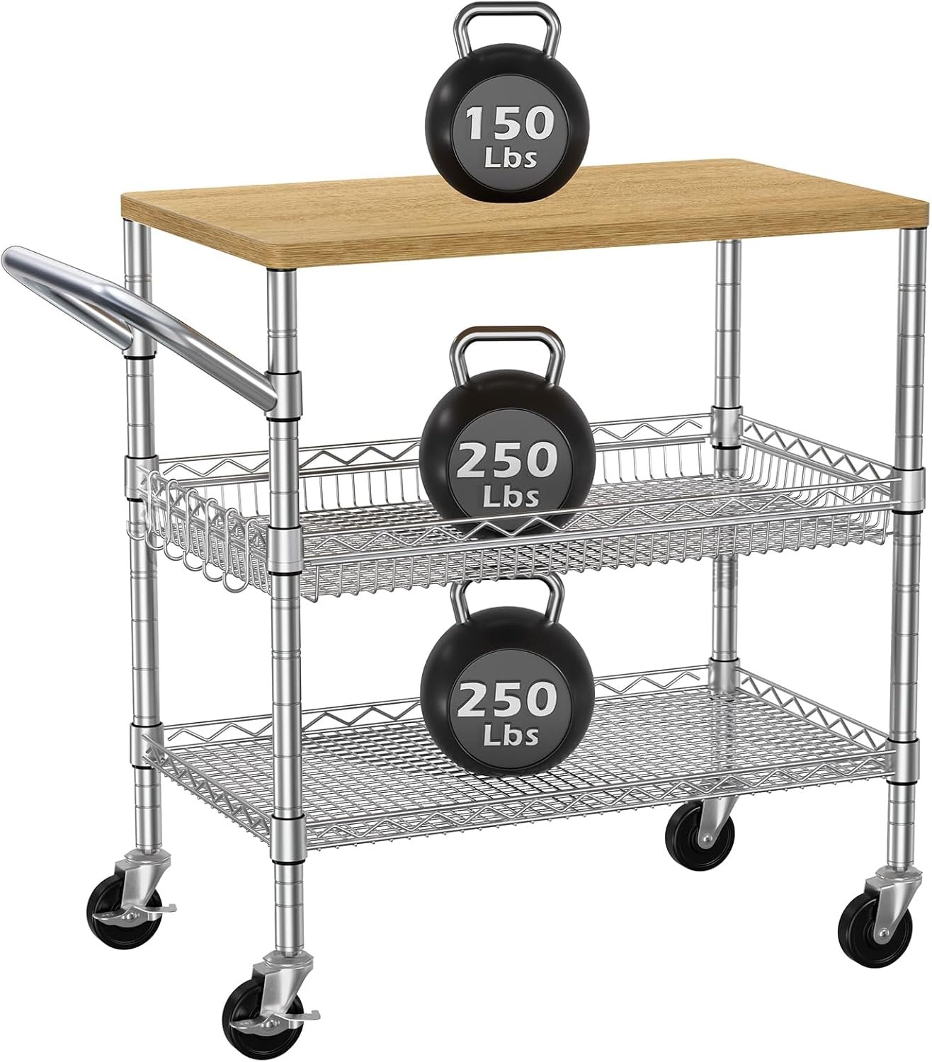 3 Tier Rolling Kitchen Carts on Wheels with Storage,650Lbs Heavy Duty Utility Carts with Wheels,Kitchen Island with Wood Tabletop,Metal Serving Rolling Cart for Small Appliance Food Cart,Wood+Metal
