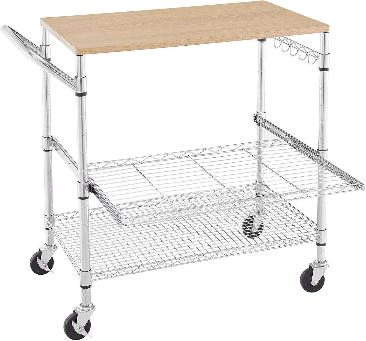 3 Tier Rolling Kitchen Cart with Wood Tabletop, Kitchen Island Carts with Wheels & Slider Shelf, Microwave Cart on Wheels, Coffee Cart with Hooks, 35.4″ L*18.1″ W*31.9″ H，Wood+Chrome
