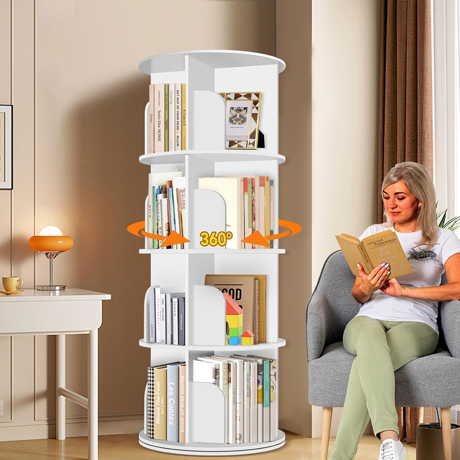 4 Tier Rotating Bookshelf Tower, Spinning Bookshelf, Revolving 360° Bookcase Storage Round Carousel, Vertical Rotate Turning Spiral Corner Organizer Lazy Susan, White