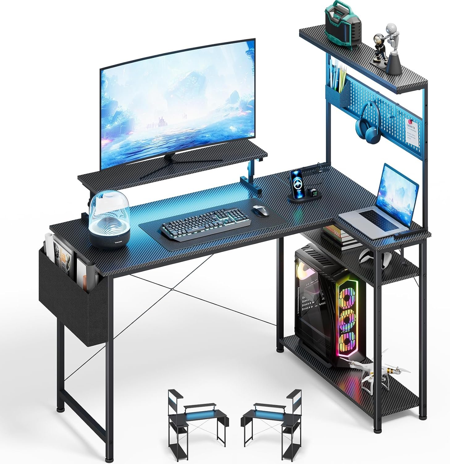 52 Inch Gaming Desk, L-Shaped Computer Desk with LED Lights, Monitor Stand, Power Outlets and Storage Drawer, Small Gaming Desk with Shelves and Hook, Computer Table, PC Desk, Corner Desk, Office Desk
