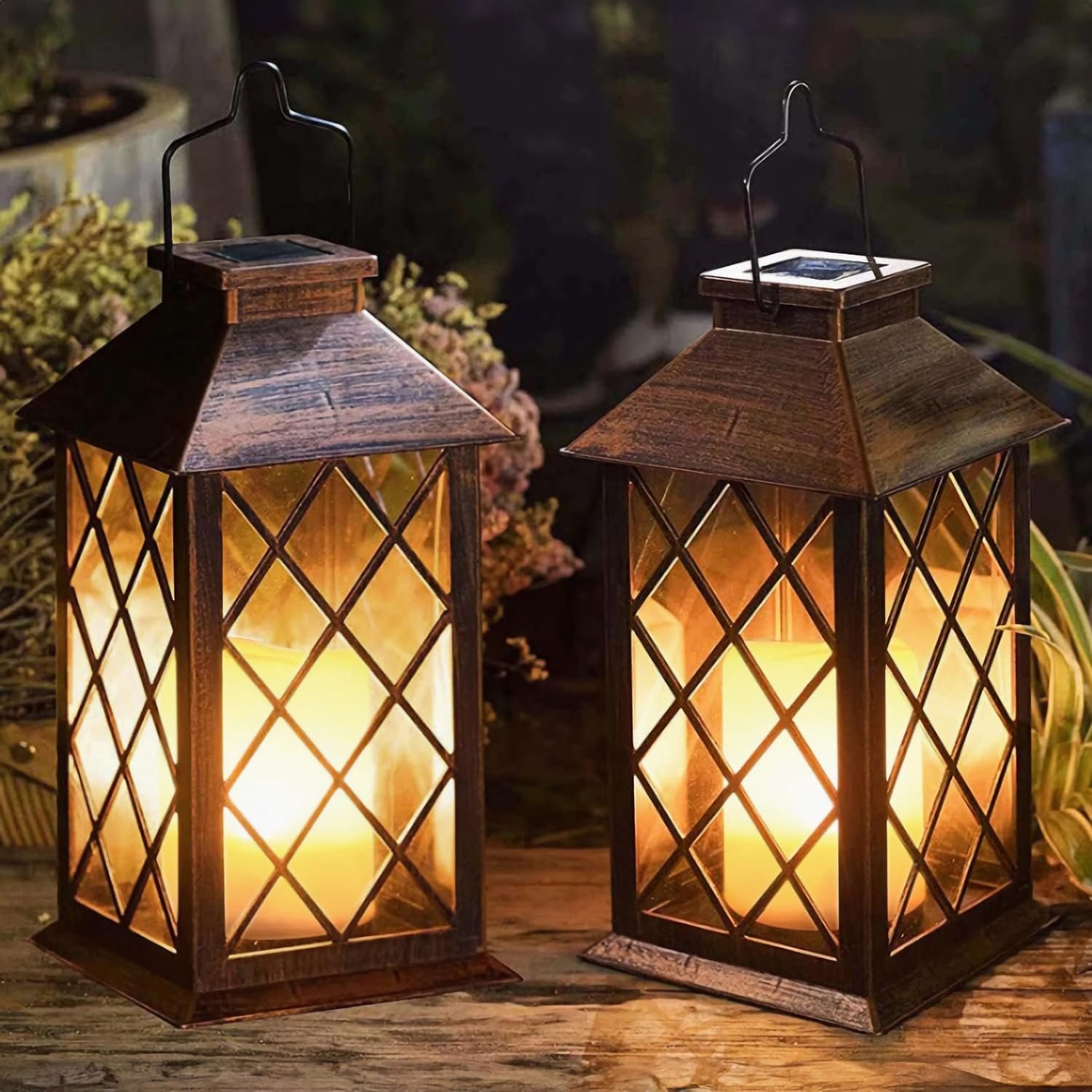 [2 Pack] TAKE ME 14″ Solar Lantern Outdoor Garden Hanging Lantern Waterproof LED Flickering Flameless Candle Mission Lights for Table,Outdoor,Christmas Gifts Mom Wife