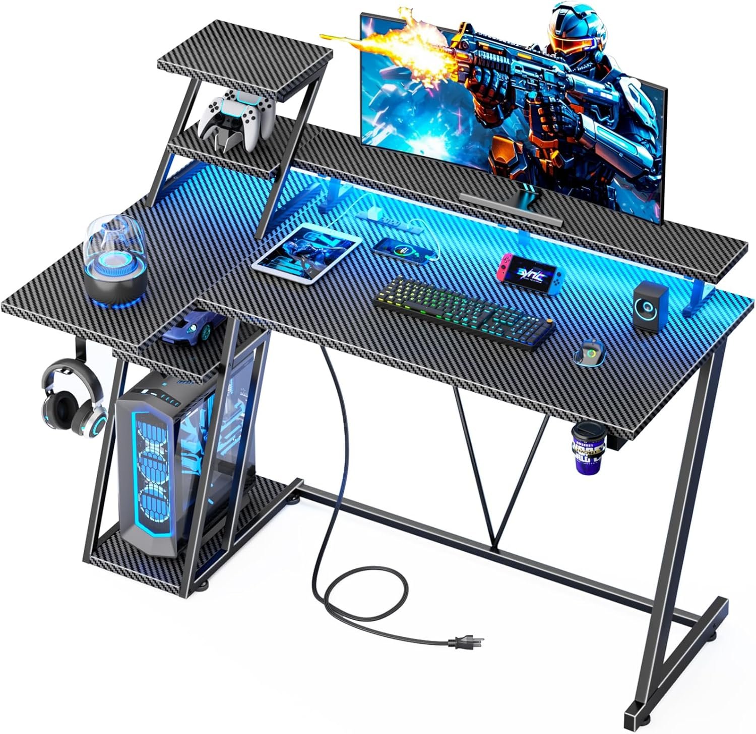 47 Inch Gaming Desk with LED Lights & Power Outlet, L Shaped Computer Desk with Storage Shelves, Gamer Workstations with Monitor Stand for Bedroom, Carbon Fiber Black