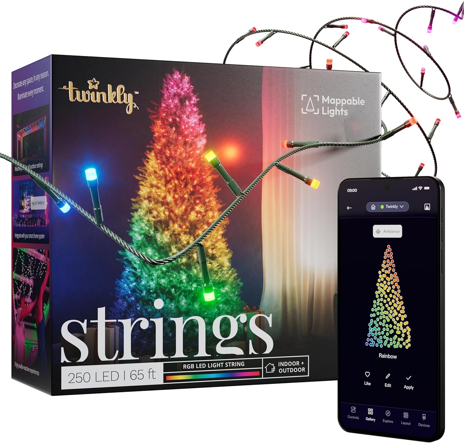 Twinkly Strings 250 RGB LEDs, in- and Outdoor LED Light String, Smart Multicolor LED Lights, Compatible with HomeKit, Alexa and Google Home, Gaming, IP44, App Control, Black Wire, 65.6ft