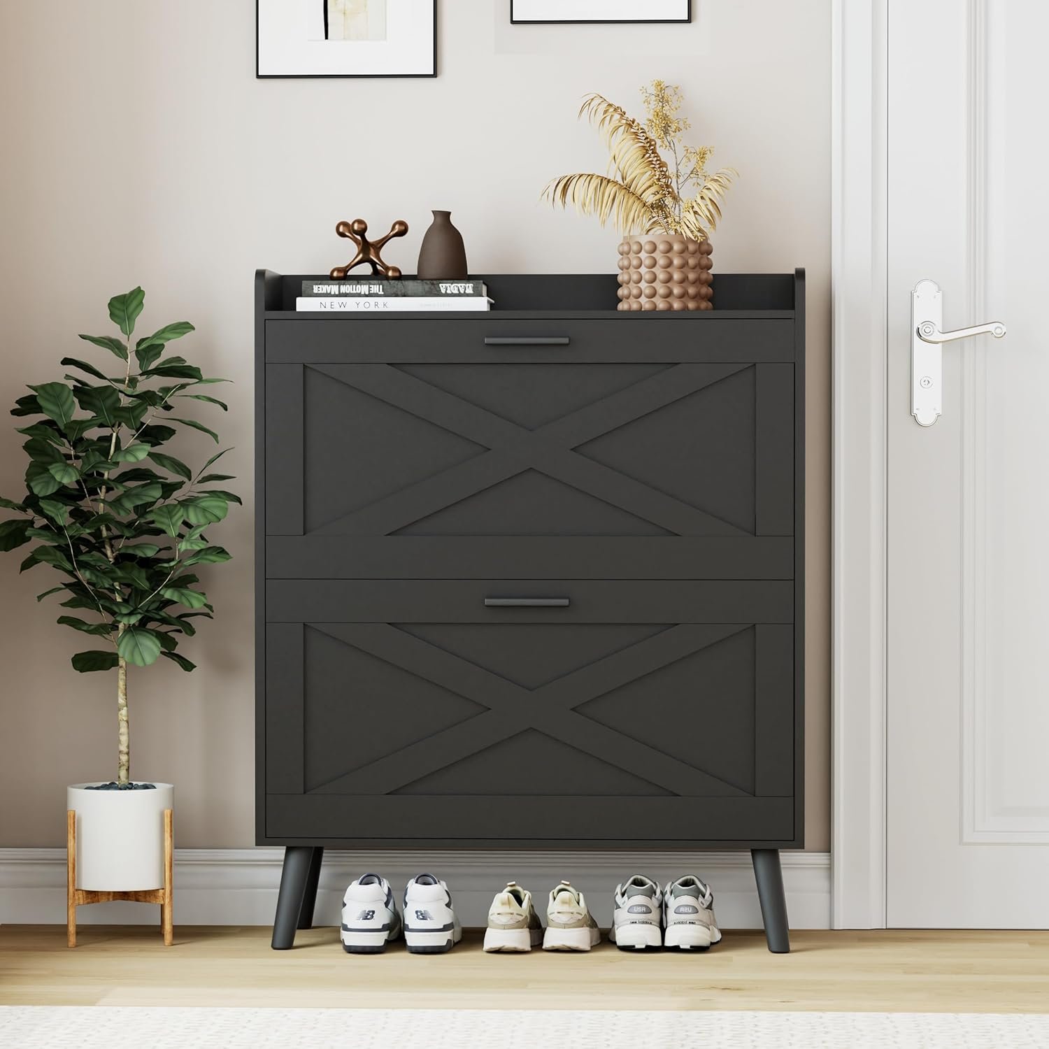 32″ W Farmhouse Shoe Storage Cabinet with 2 Flip Drawers and Barn Door Design, Adjustable Shelves, Modern Hidden Slim Narrow Shoe Rack Cabinet for Entryway, Foyer, Hallway, Living Room, Black