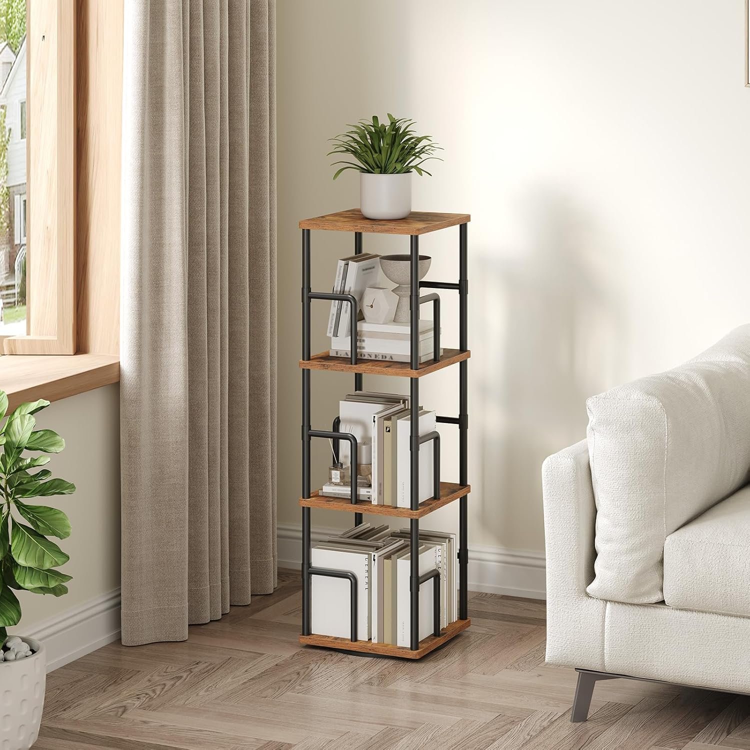 3-Tier Rotating Bookshelf, Freestanding Corner Bookshelf, 360° Spinning Bookcase, Industrial Style Storage Rack with Rails, for Living Room, Bedroom, Study, Rustic Brown and Black BKHR1401