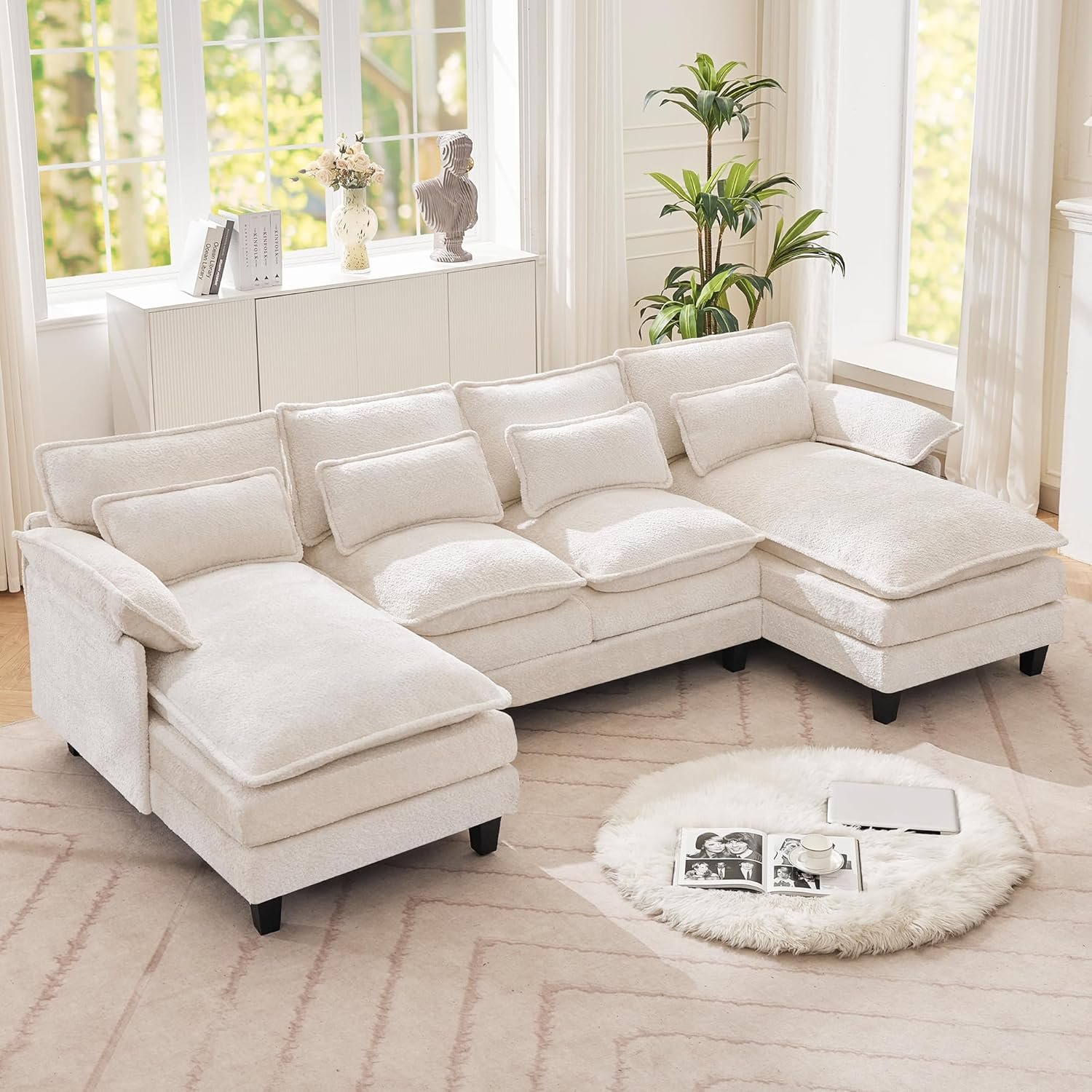 110″ Modular Sectional Sofa, Oversized 4 Seat Comfy Cloud Couch Sectional Sofa with Ottoman & Waist Pillows, Convertible Upholstery Symmetrical Sofa, U Shaped Couch Sectional Couches for Living Room