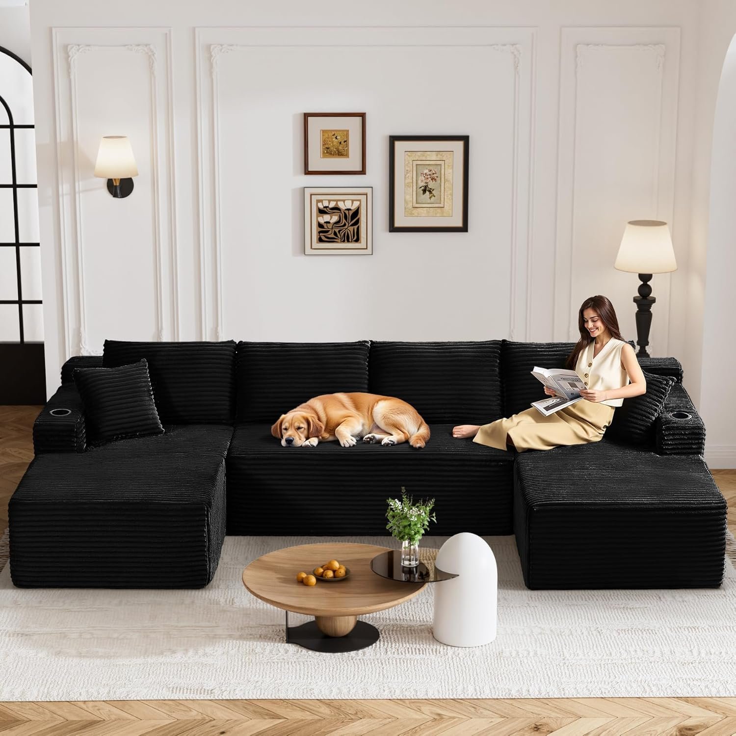 133″ Oversized Cloud Boneless Sofa Couch with Chaise, Modern Corduroy U Shaped Modular Sectional Sofa with Deep Seat, Comfy Couch with Cupholders and Storage, No Assembly Required-Black