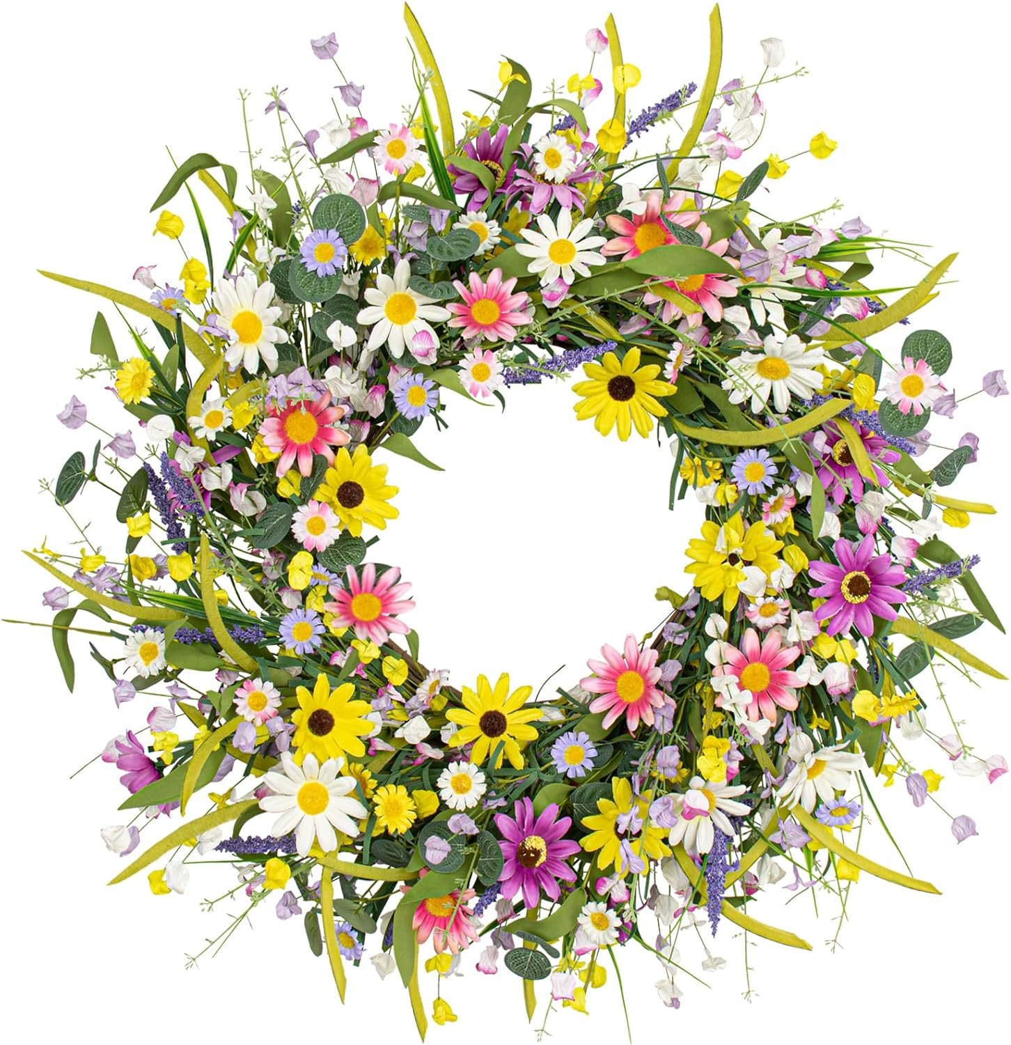 22 Inches Spring Wreaths for Front Door Spring Flower Wreaths Summer Door Wreath Colorful Wildflower Wreath with Daisy Lavender for Window Indoors Outdoor Decor