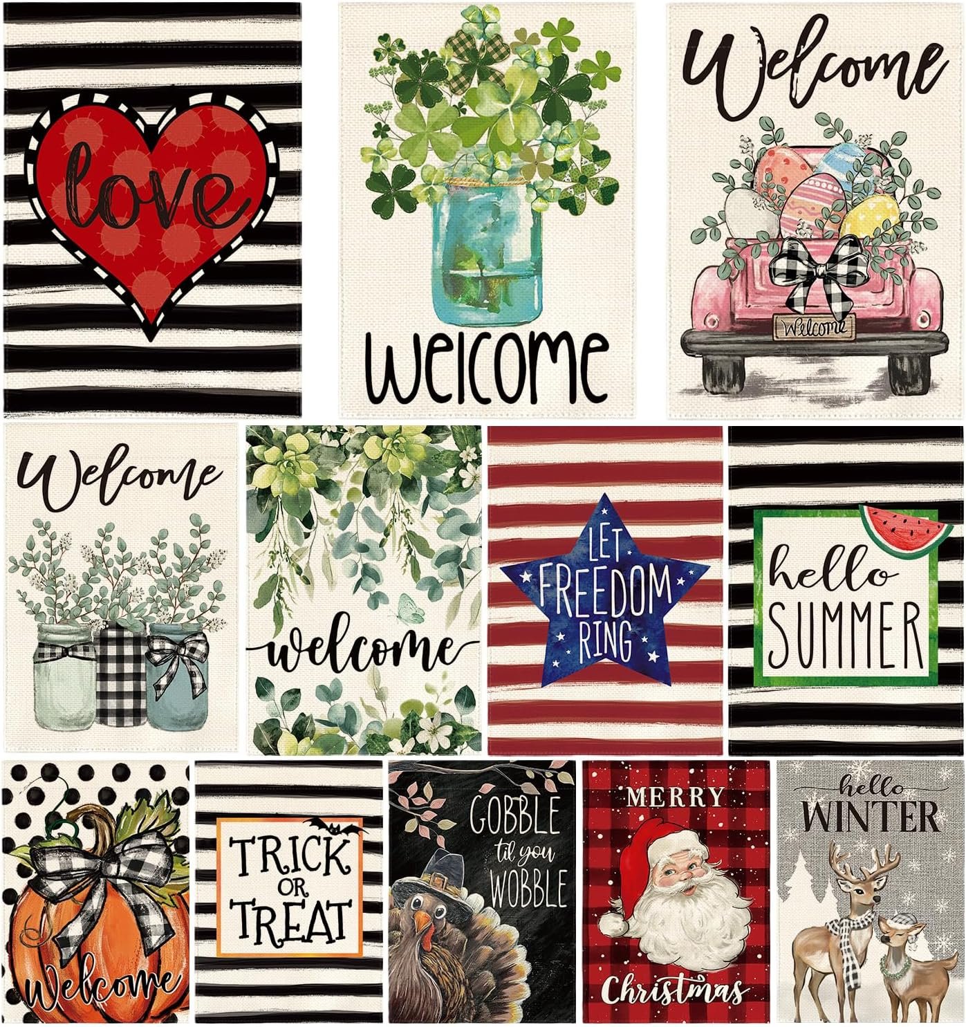 AVOIN colorlife Set of 12 Seasonal Holiday Garden Flag 12×18 Inch Double Sided Outside, Welcome Farmhouse Yard Outdoor Flag