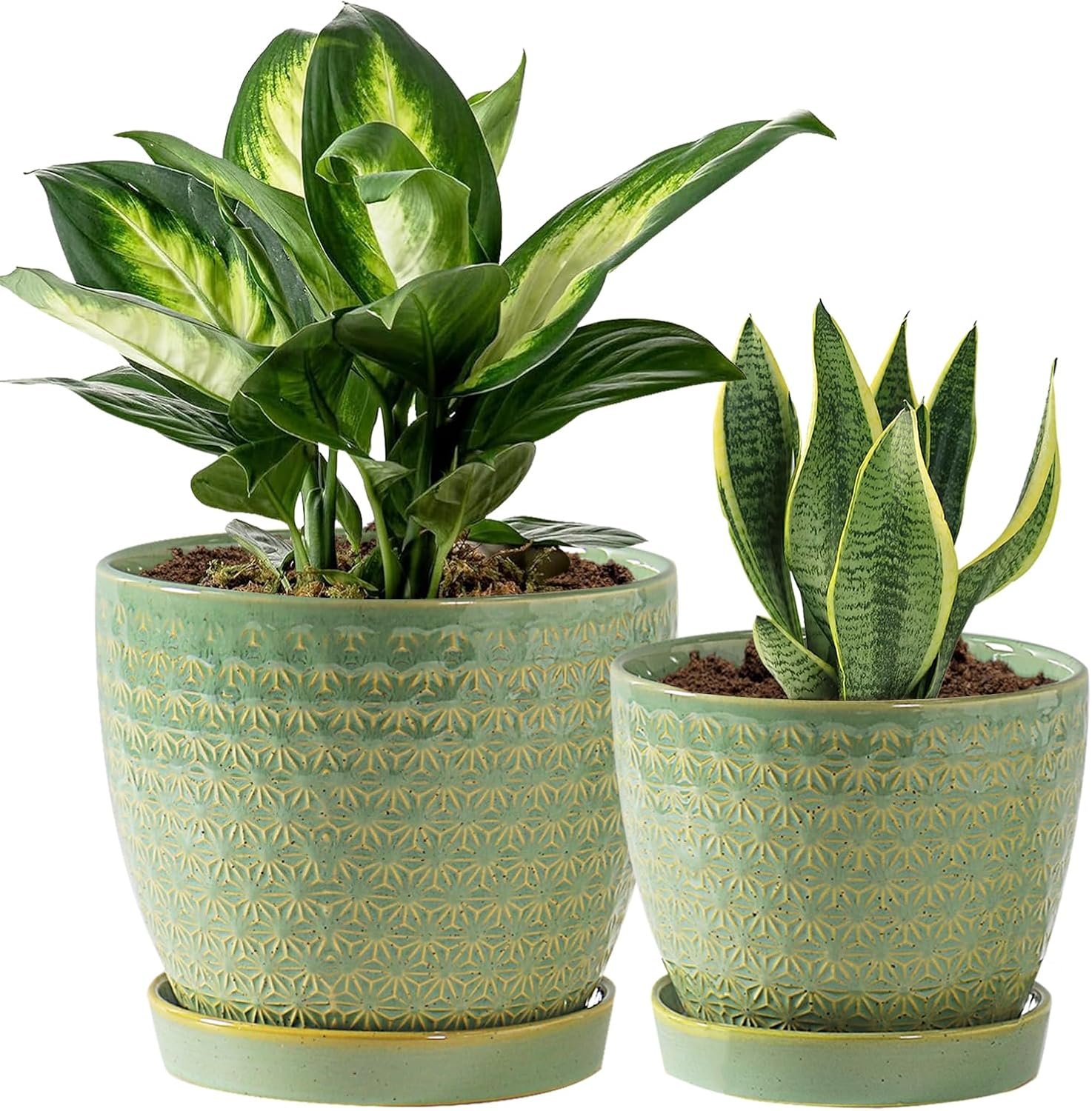 Plant Pots, Flower Pots, Planters for Indoor Plants(6.5+5.5inch), Flower Pots for Indoor Plant with Drainage Hole and Saucer, Ceramic Pots for Plants with Hole Mesh Pad,Sage Green