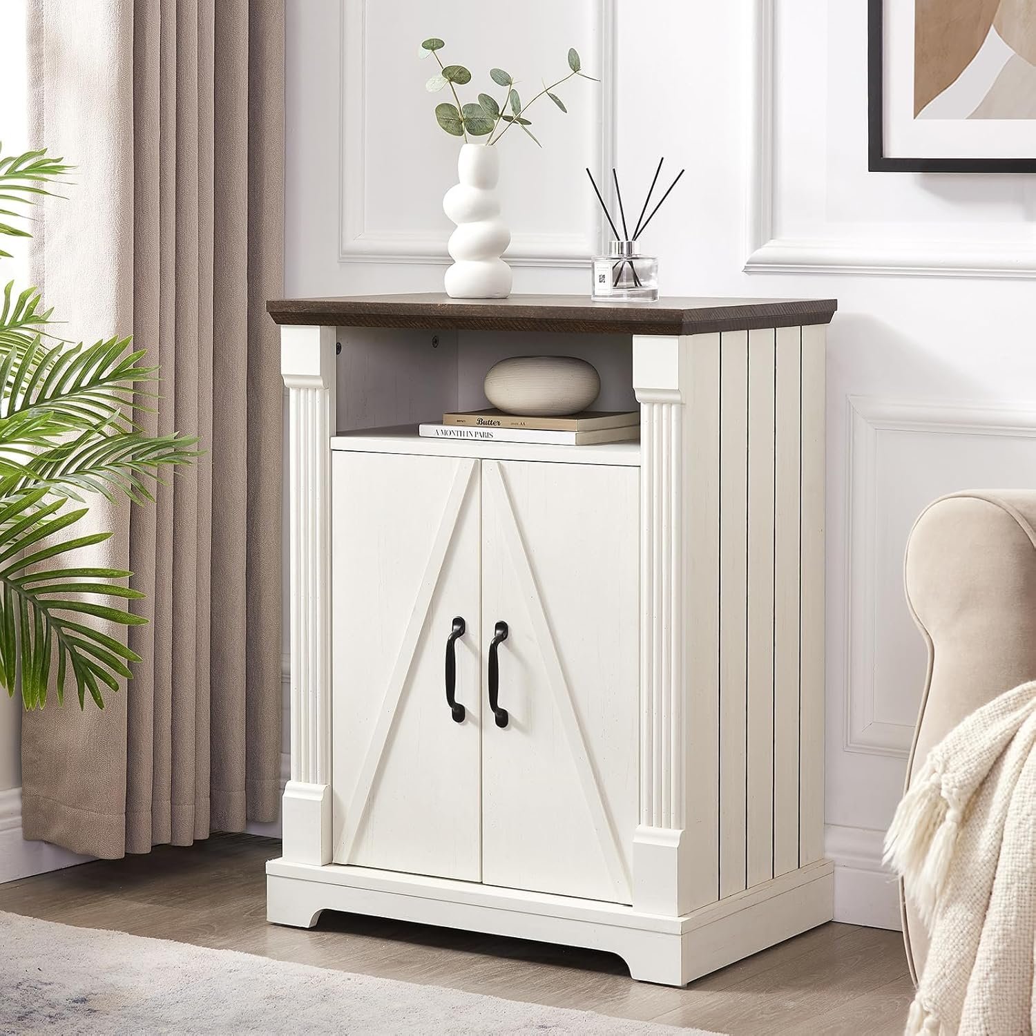 24″ Farmhouse Storage Cabinet with Barn Doors, Antique White Freestanding Sideboard Buffet with Adjustable Shelf, Pantry Hutch Coffee Bar for Kitchen Bathroom Living Room – Small Floor Cabinet