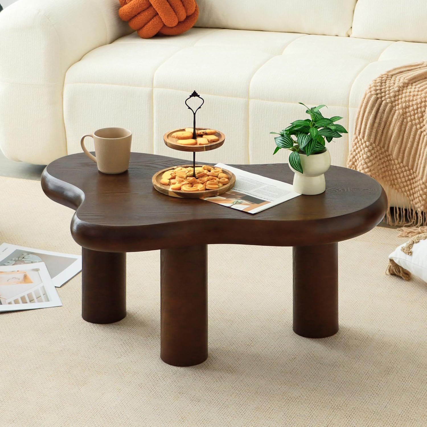 34″(L) Cloud Coffee Table, Modern Wood Coffee Table for Living Room, Accent Unique Center Tables with 3 Legs, Small Tea Tables for Balcony, Patio, Bedroom, Walnut