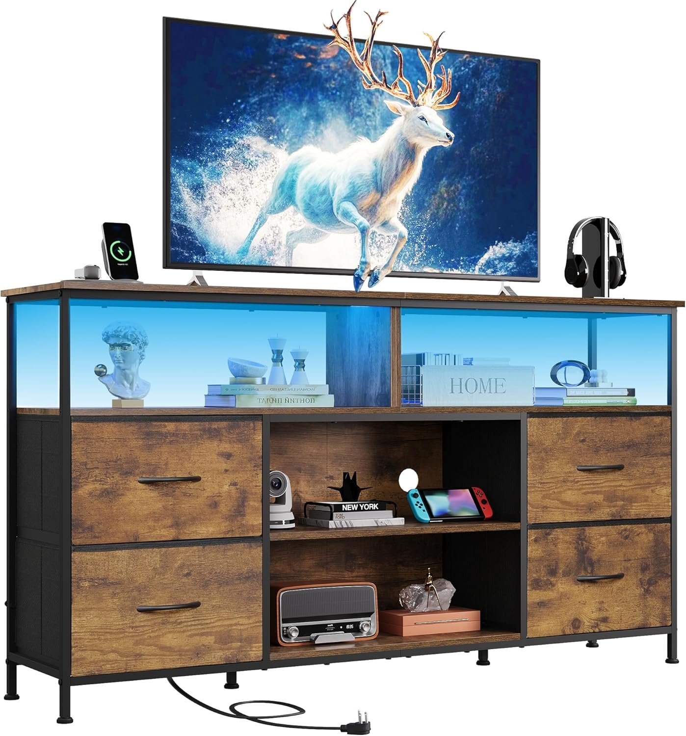 WLIVE TV Stand Dresser for 50,55,60 inch TV, Entertainment Center with LED Lights & Fabric Drawers, Dresser TV Stand for Bedroom and Living Room with Open Shelves, Rustic Brown