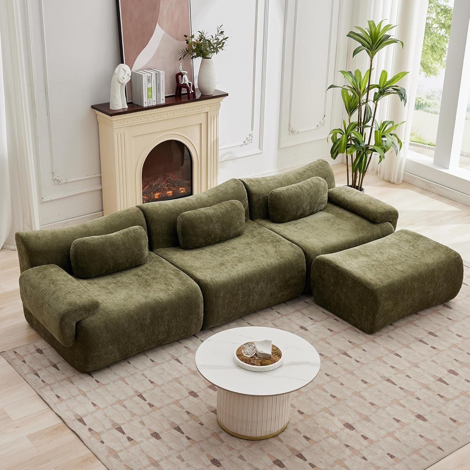 117”L Shaped Modern Sofa Modular Sectional Cloud Couch with Ottoman,Oversized Boneless Sofa,3+1 Seater Chenille Deep-Seat Sofa with 3 Pillows,Suitable for Living Room or Bedroom (Green)