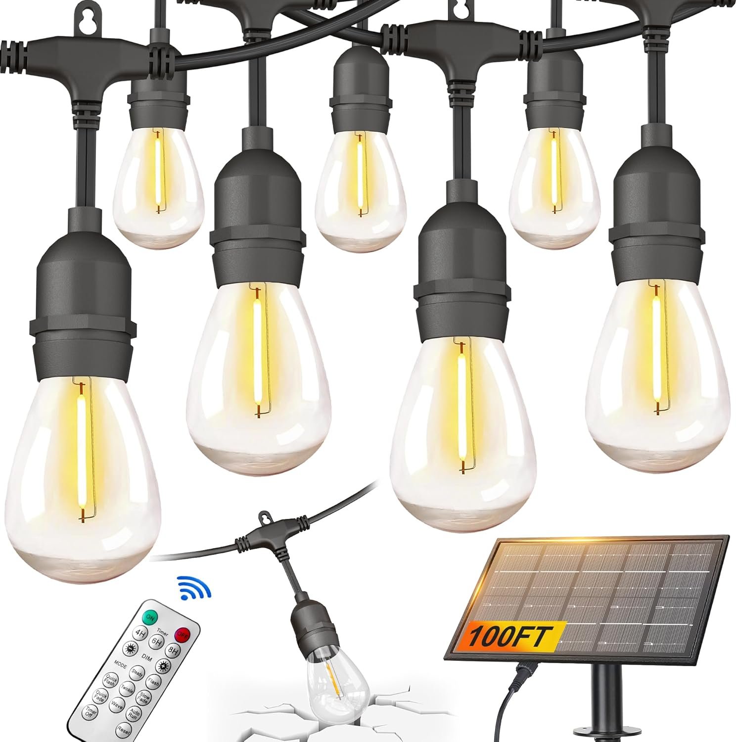 100FT Solar String Lights Outdoor Waterproof with Remote Control Solar Patio Lights 30+2 shatterproof LED E26 S14 Bulbs for Porch Garden Market Bistro Patio Backyard Fence
