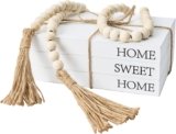 Decorative Books for Home Decor, White Faux Books for Decoration, Rustic Farmhouse Stacked Display Books with 52in Wood Bead Garland for Coffee Tables Living Room, (Home Sweet Home)